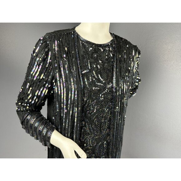Vtg Fantasy By Lisa Kane Pure Silk Embellished Black Beaded Dress 36” Bust - Picture 5 of 16